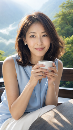 Woman with short hair and pearl earrings holding a cup outdoors