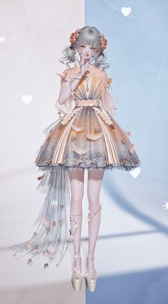 3D render of a girl in a fantasy dress with pigtails and feather details
