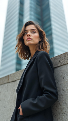 Woman in a black blazer looking up against a blurred city building