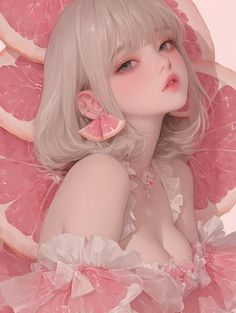 Illustration of a woman with short hair and a pink dress surrounded by grapefruit slices