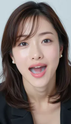 Woman with short hair and pearl earrings, mouth open with white liquid inside