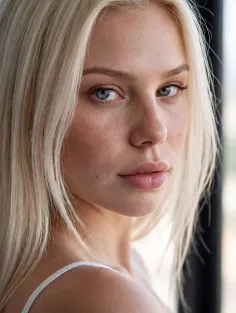 Woman with blonde hair and blue eyes looking directly at the viewer