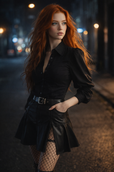 Woman with long red hair in a black shirt and leather skirt at night