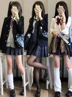 Three full body shots of a person in different school uniform outfits