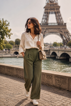 Woman in a white shirt and green pants walking by the Eiffel Tower
