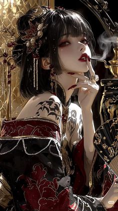 Woman in traditional attire with tattoos and a smoking pipe
