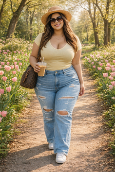 Woman in a yellow top and ripped jeans walking on a path with tulips