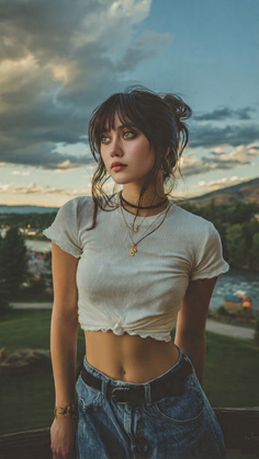 Woman in a white crop top and jeans outdoors under an overcast sky