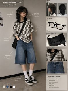 Person in a striped tee, denim jorts, and black sneakers with messy shag hair