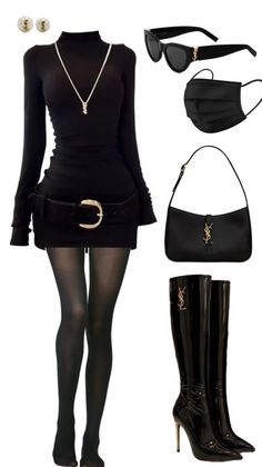 Black turtleneck dress with tights, knee-high boots, and accessories