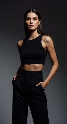 Woman in a black crop top and pants with dramatic lighting in a studio