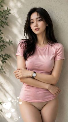 Woman in a pink t-shirt and underwear with arms crossed, leaning against a wall