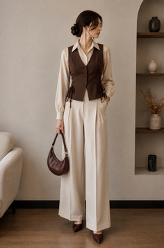 Woman in a brown vest and wide leg pants holding a brown handbag indoors