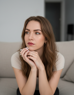 Woman with long light brown hair wearing a beige shirt, looking to the side