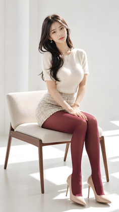 Woman with long dark hair wearing a mini skirt and red tights, sitting on a chair