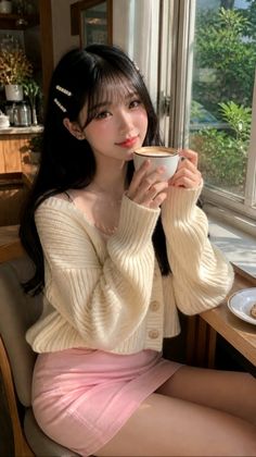 Woman with long black hair and pearl clips holding a cup of coffee indoors