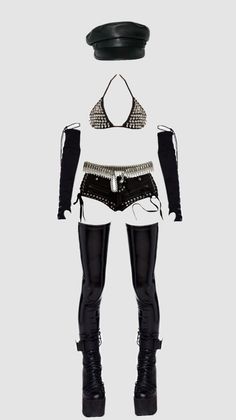 Gothic-style outfit with studded bikini top, leather shorts, and platform boots