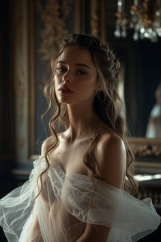 Woman with long wavy hair draped in sheer fabric indoors