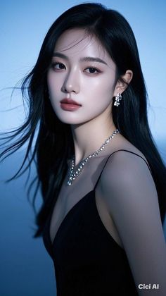Woman with long black hair wearing a black dress and jewelry
