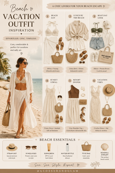 Woman in a crochet bikini and white sarong on a beach with outfit inspirations