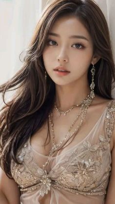 Woman with long hair and elaborate jewelry wearing a sheer embroidered top