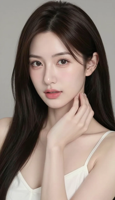 Woman with long dark hair wearing a white top, posing for a portrait