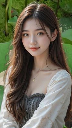 Woman with long brown hair wearing a top with exposed shoulders and cleavage