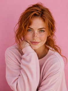 Woman with red hair and freckles wearing a pink sweatshirt against a pink background