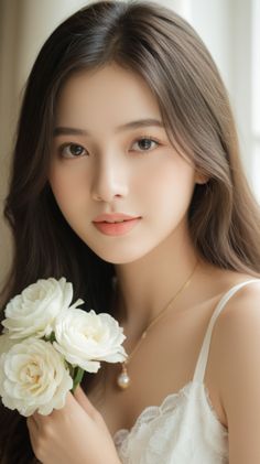Woman with long hair holding white roses, wearing a lace top and pearl necklace