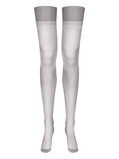 Pair of sheer thigh-high stockings with gray tops on a white background