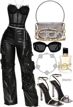 A fashion flat lay featuring a black corset, leather cargo pants, and accessories