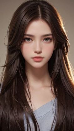 Realistic portrait of a woman with long dark hair and light eyes