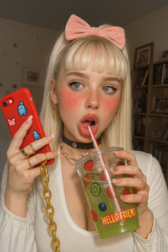 Blonde woman with a pink bow and choker drinking a fruit drink