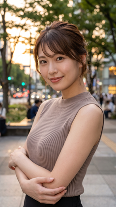 Woman in a sleeveless top on a street at golden hour