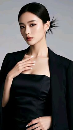Woman with black hair in an updo wearing a black blazer and strapless top