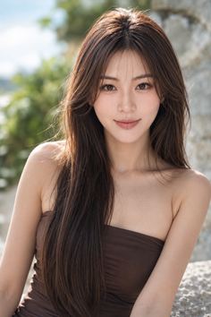 Woman with long brown hair wearing a strapless top outdoors