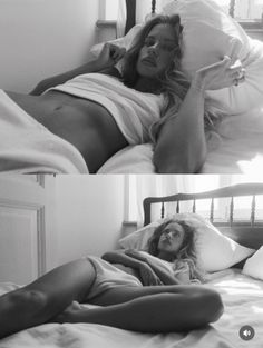 Woman with long hair lying on a bed in a bedroom, black and white photograph
