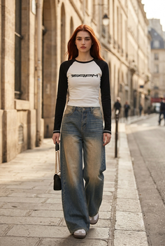 Woman with long red hair wearing a long sleeve shirt and wide leg jeans on a street