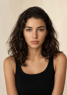 Woman with dark wavy hair and green eyes wearing a black tank top