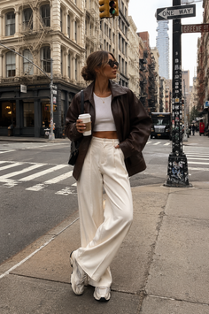 Woman in a brown leather jacket and white pants on a city street