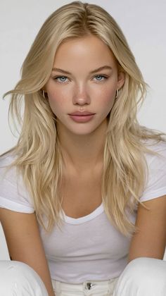 Blonde woman with blue eyes and freckles wearing a white t-shirt