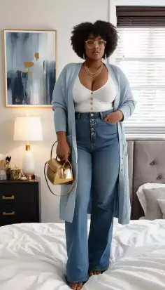 Woman with curly hair and glasses wearing a cardigan and wide leg jeans indoors