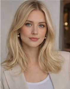 Woman with blonde hair and blue eyes wearing a blazer and pearl earrings