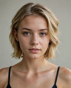 Woman with short blonde hair and green eyes looking directly at the camera