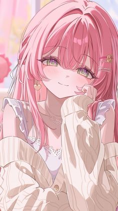 Anime girl with pink hair and green eyes, wearing a white top and choker