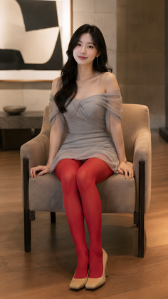 Woman in a gray off-shoulder dress and red tights sitting on a chair