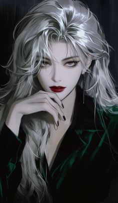 Illustration of a person with long silver hair, red lipstick, and a green jacket