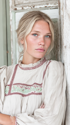 Woman with blonde hair and blue eyes wearing an embroidered dress