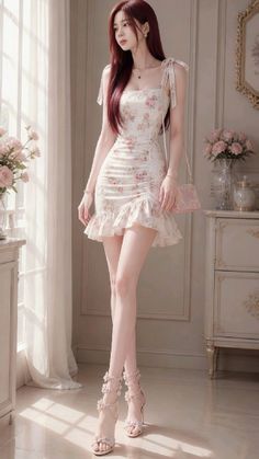 Woman in a floral dress and high heels standing in a sunlit room