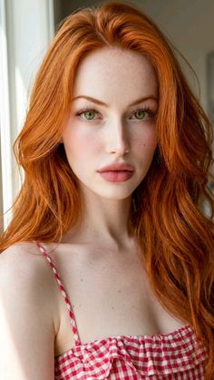 Woman with long red hair and green eyes wearing a red and white gingham top